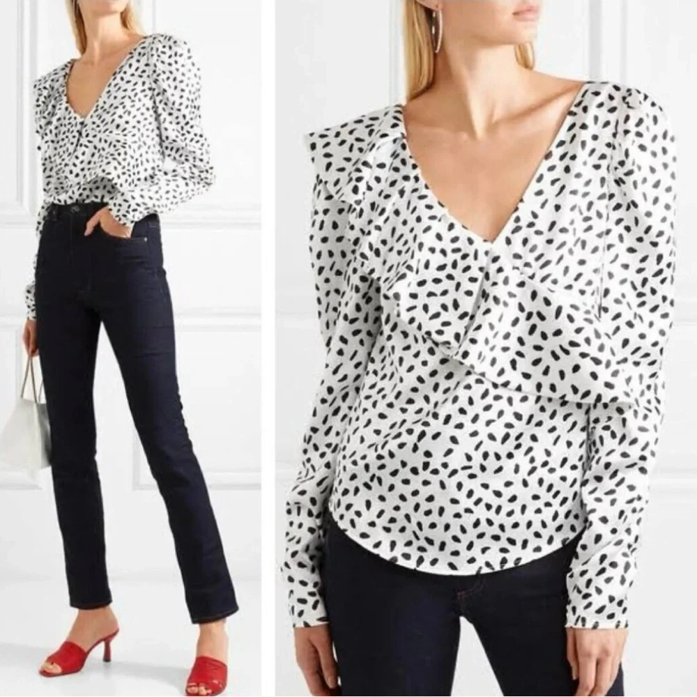 Self-Portrait Polka Dot Ruffled Satin Blouse Size 2 - Picture 1 of 11